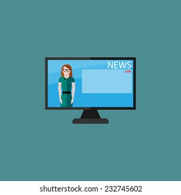 vector flat  illustration of female TV newscaster. breaking news