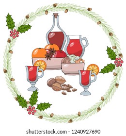Vector flat illustration of festive Christmas food and drinks.