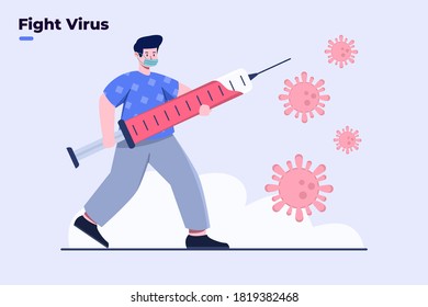 Vector flat illustration Fight against coronavirus Covid-19 with people hold vaccine injection. Stay home stay safe. Covid-19 go away concept. End of Covid-19 coronavirus pandemic illustration.