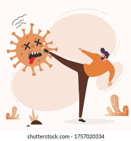 Vector flat illustration fight covid-19 corona virus. cure corona virus. people fight virus concept. corona viruses vaccine concept. end of 2019-ncov. don't be afraid of the corona virus concept.