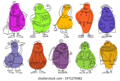 Vector flat illustration of figurines of people. Colored abstract spots with drawings. Pencil or marker drawing style.