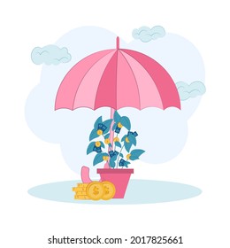 Vector flat illustration of financial insurance. saving money and protecting bank deposit. protection, guarantees, financial savings insurance. Money tree under an umbrella. 