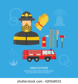 Vector flat illustration of firefighting character and infographic, axe, hook and hydrant, fire helicopter, hose, fire station, fire engine, fire alarm, extinguisher. 