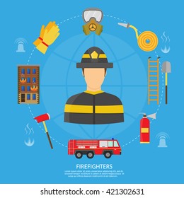 Vector flat illustration of firefighting character and infographic, axe, hook and hydrant, fire helicopter, hose, fire station, fire engine, fire alarm, extinguisher. 