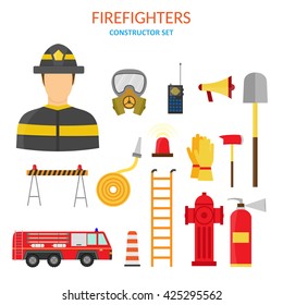 Ilustración plana vectorial de carácter e infografía de extinción de incendios, hacha, gancho e hidrante, helicóptero, manguera, estación, motor, alarma, extintor.