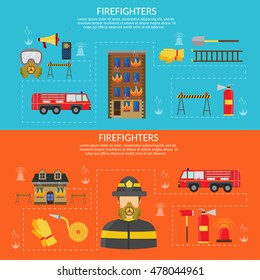 Vector flat illustration of firefighting character and infographic, axe, hook and hydrant, fire helicopter, hose, station, engine, alarm, extinguisher.