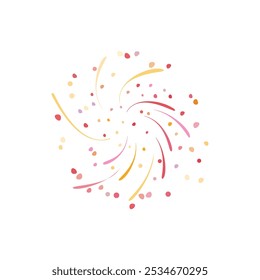 Vector flat illustration with fireworks in red and yellow colors with flying particles. Exploding festive salute on isolated white background. Element for design in cartoon style.