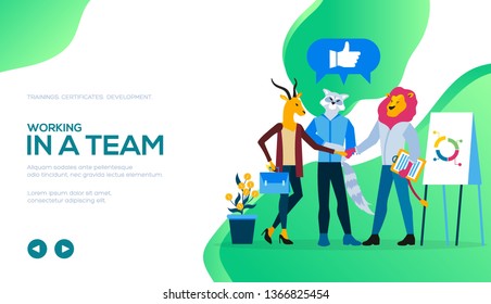 Vector flat illustration of first working day. Employee comes to office, shakes hand with colleagues and gets to know with everybody. Woman passes job interview. Place for text, copy space.