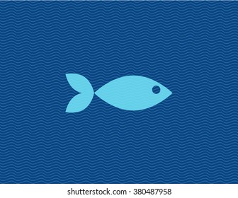 Vector Flat Illustration Of Fish Against Line Waves. Creative Simple Icon.