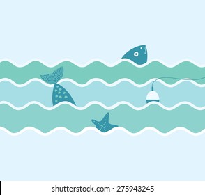 Vector flat illustration of fish and float and starfish. Fishing trip