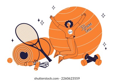 Vector flat illustration. Fitness time  cute cartoon character. Cheerful girl in the gym, sports equipment, fitball, jump rope, dumbbells, tennis racket, mat