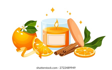 Vector Ilustración plana de la vela de color naranja flameante en tarro de vidrio con naranja entera y en rodajas, cáscara de naranja, hojas verdes y canela palos aislados sobre fondo blanco, diseño festivo de la vela aromática.