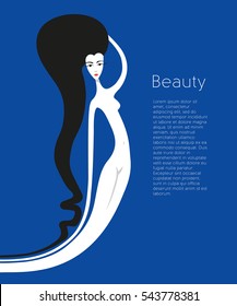Vector flat illustration of a flexible naked girl with long hair on a blue background. Fashion illustration of a woman in Art Nouveau style for magazines, flyers, websites