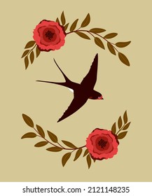 Vector flat illustration with floral decorative frame and swallow. Isolated hand drawn elements of flowers, bird, leaves in romantic vintage style. For wedding invitation, card, postcard, cover.