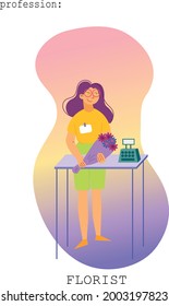 Vektorflache Illustration. Ein Blumenmädchen kreiert Bouquets und verkauft sie. Professioneller Florist in Vektorgrafik