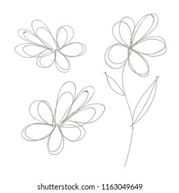 Vector flat illustration of flowers and leaves. Set. Doodles. Sketch. Grey outline. Isolated on white background.