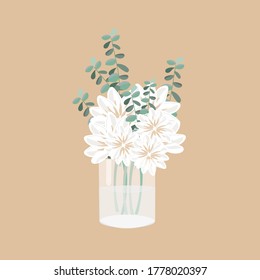 Vector flat illustration of flowers in a vase on a beige background