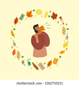 Vector flat illustration with flu man and frame of medicines and leaves. Wreath consisting of medicines for colds and leaves. Concept of seasonal autumn flu man, cold man and medication
