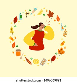 Vector flat illustration with flu woman and frame of medicines and leaves. Wreath consisting of medicines for colds and leaves. Concept of seasonal autumn flu woman, cold woman and medication