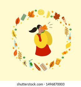 Vector flat illustration with flu woman and frame of medicines and leaves. Wreath consisting of medicines for colds and leaves. Concept of seasonal autumn flu woman, cold woman and medication