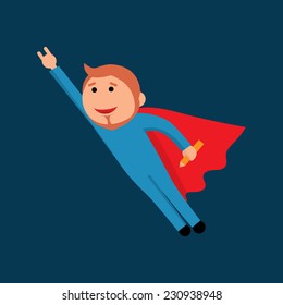 Vector flat illustration of flying man with pencil