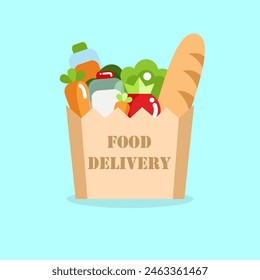 Vector flat illustration. Food delivery. Package with food on a blue background.