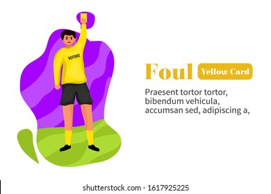 vector flat illustration football referee Give yellow card warning In football matches. can be used for web blog banner poster landing page presentation promotion flyer brochure motion graphi