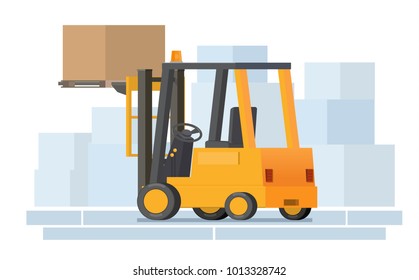Vector flat illustration forklift, storage room, production, warehouse, pallet loading, storage.
