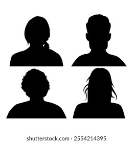 Vector flat illustration. Four icons. Black silhouette of men and women. Avatar, user profile, person icon, profile picture. Suitable for social media profiles, icons, screensavers and as a template.