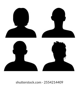 Vector flat illustration. Four icons. Black silhouette of men and women. Avatar, user profile, person icon, profile picture. Suitable for social media profiles, icons, screensavers and as a template.