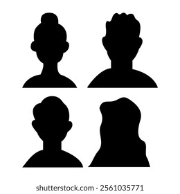 Vector flat illustration. Four icons. Black silhouette of men and women. Avatar, user profile, person icon, profile picture. Suitable for social media profiles, icons, screensavers and as a template.