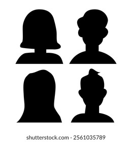 Vector flat illustration. Four icons. Black silhouette of men and women. Avatar, user profile, person icon, profile picture. Suitable for social media profiles, icons, screensavers and as a template.