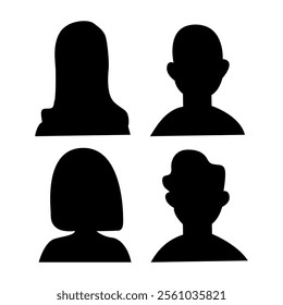 Vector flat illustration. Four icons. Black silhouette of men and women. Avatar, user profile, person icon, profile picture. Suitable for social media profiles, icons, screensavers and as a template.