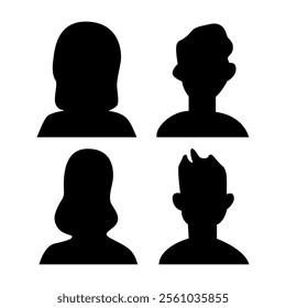 Vector flat illustration. Four icons. Black silhouette of men and women. Avatar, user profile, person icon, profile picture. Suitable for social media profiles, icons, screensavers and as a template.