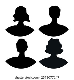 Vector flat illustration. Four icons. Black silhouette of men and women. Avatar, user profile, person icon, profile picture. Suitable for social media profiles, icons, screensavers and as a template.