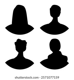 Vector flat illustration. Four icons. Black silhouette of men and women. Avatar, user profile, person icon, profile picture. Suitable for social media profiles, icons, screensavers and as a template.