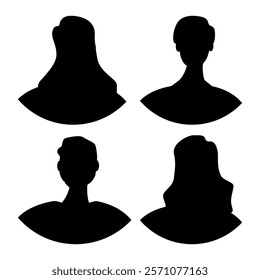 Vector flat illustration. Four icons. Black silhouette of men and women. Avatar, user profile, person icon, profile picture. Suitable for social media profiles, icons, screensavers and as a template.