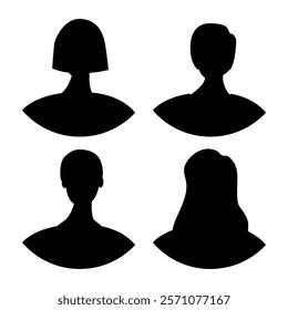 Vector flat illustration. Four icons. Black silhouette of men and women. Avatar, user profile, person icon, profile picture. Suitable for social media profiles, icons, screensavers and as a template.