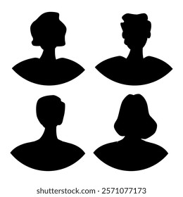 Vector flat illustration. Four icons. Black silhouette of men and women. Avatar, user profile, person icon, profile picture. Suitable for social media profiles, icons, screensavers and as a template.