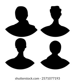 Vector flat illustration. Four icons. Black silhouette of men and women. Avatar, user profile, person icon, profile picture. Suitable for social media profiles, icons, screensavers and as a template.