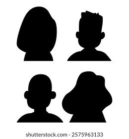 Vector flat illustration. Four icons. Black silhouette of men and women. Avatar, user profile, person icon, profile picture. Suitable for social media profiles, icons, screensavers and as a template.