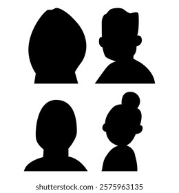 Vector flat illustration. Four icons. Black silhouette of men and women. Avatar, user profile, person icon, profile picture. Suitable for social media profiles, icons, screensavers and as a template.