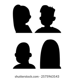 Vector flat illustration. Four icons. Black silhouette of men and women. Avatar, user profile, person icon, profile picture. Suitable for social media profiles, icons, screensavers and as a template.