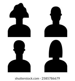 Vector flat illustration. Four icons. Black silhouette of men and women. Avatar, user profile, person icon, profile picture. Suitable for social media profiles, icons, screensavers and as a template.