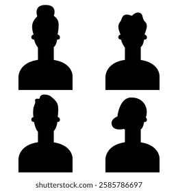 Vector flat illustration. Four icons. Black silhouette of men and women. Avatar, user profile, person icon, profile picture. Suitable for social media profiles, icons, screensavers and as a template.