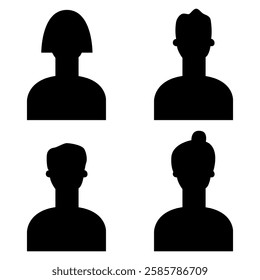 Vector flat illustration. Four icons. Black silhouette of men and women. Avatar, user profile, person icon, profile picture. Suitable for social media profiles, icons, screensavers and as a template.