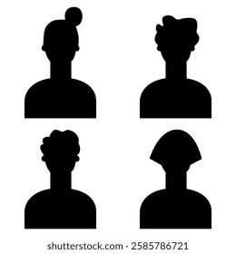 Vector flat illustration. Four icons. Black silhouette of men and women. Avatar, user profile, person icon, profile picture. Suitable for social media profiles, icons, screensavers and as a template.