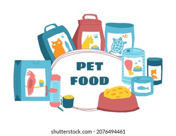 Vector flat illustration frame with sets of complementary foods for pets, dogs, cats, reptiles, turtles, fish, etc. in bags, canned food. Pets bowl, feeder and drinking bowl for birds. Text space.