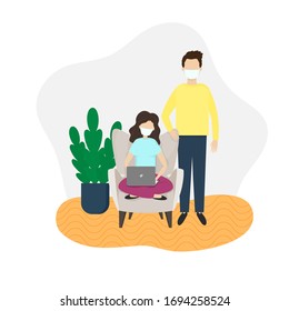 Vector flat illustration of freelancers man and woman in face medical masks in home interior. Girl working or learning with laptop, siting on arm chair. Man looking at process of education or working.