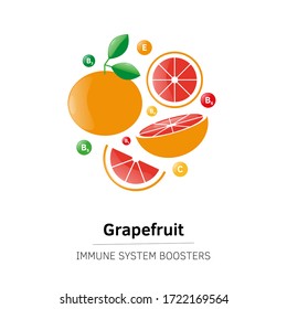 Vector flat illustration of fresh grapefruit. Set with whole fruit and a half, with leaves and without. Immune system boost. Immunity booster in cartoon style. Health detox food